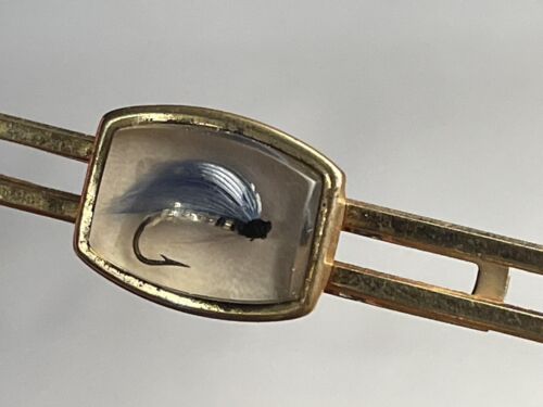 Vtg Real Fly Lure Lucite Tie Clasp Anson Goldtone Mens Jewelry Fishing