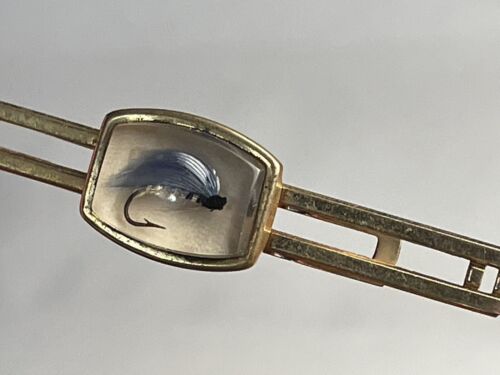 Vtg Real Fly Lure Lucite Tie Clasp Anson Goldtone Mens Jewelry Fishing