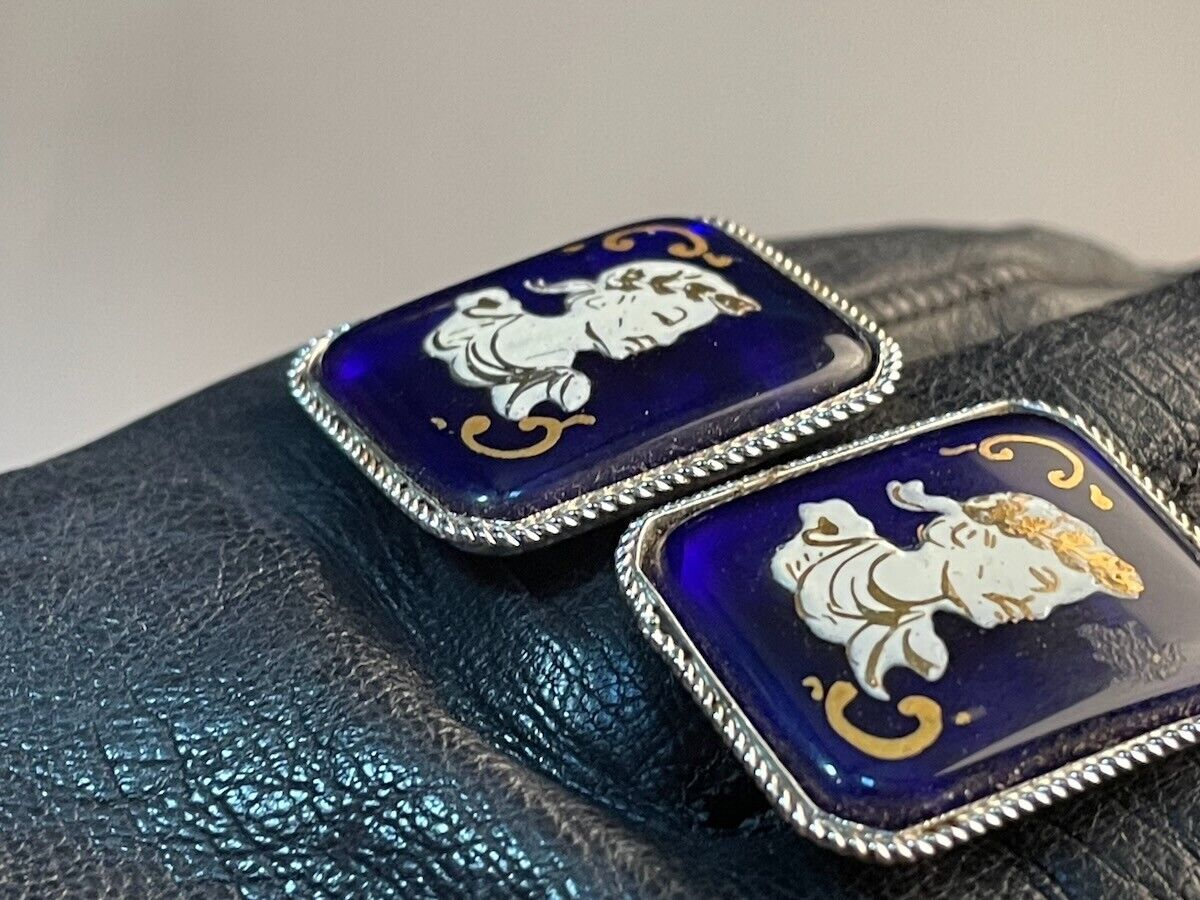 Vtg Italy souvenir silver cuff links handpainted enamel blue glass Julius Caesar