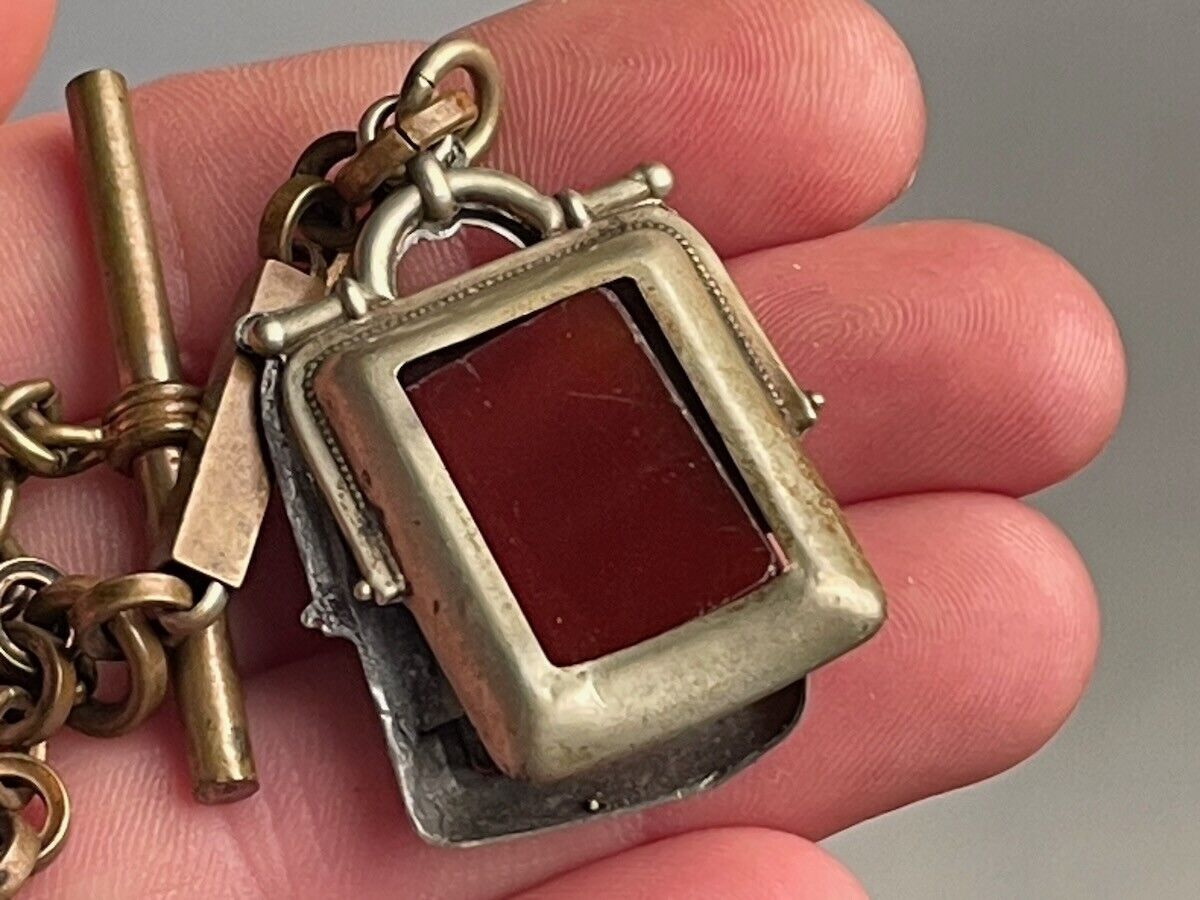 Victorian brass chunky pocket watch chain w tiny metal/glass photo-ready fob