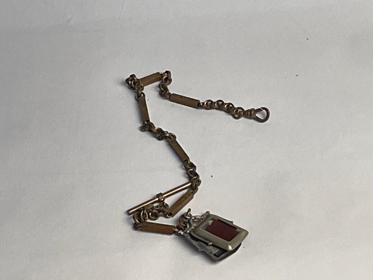 Victorian brass chunky pocket watch chain w tiny metal/glass photo-ready fob