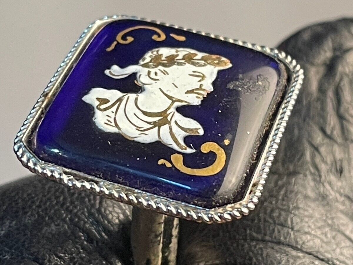 Vtg Italy souvenir silver cuff links handpainted enamel blue glass Julius Caesar