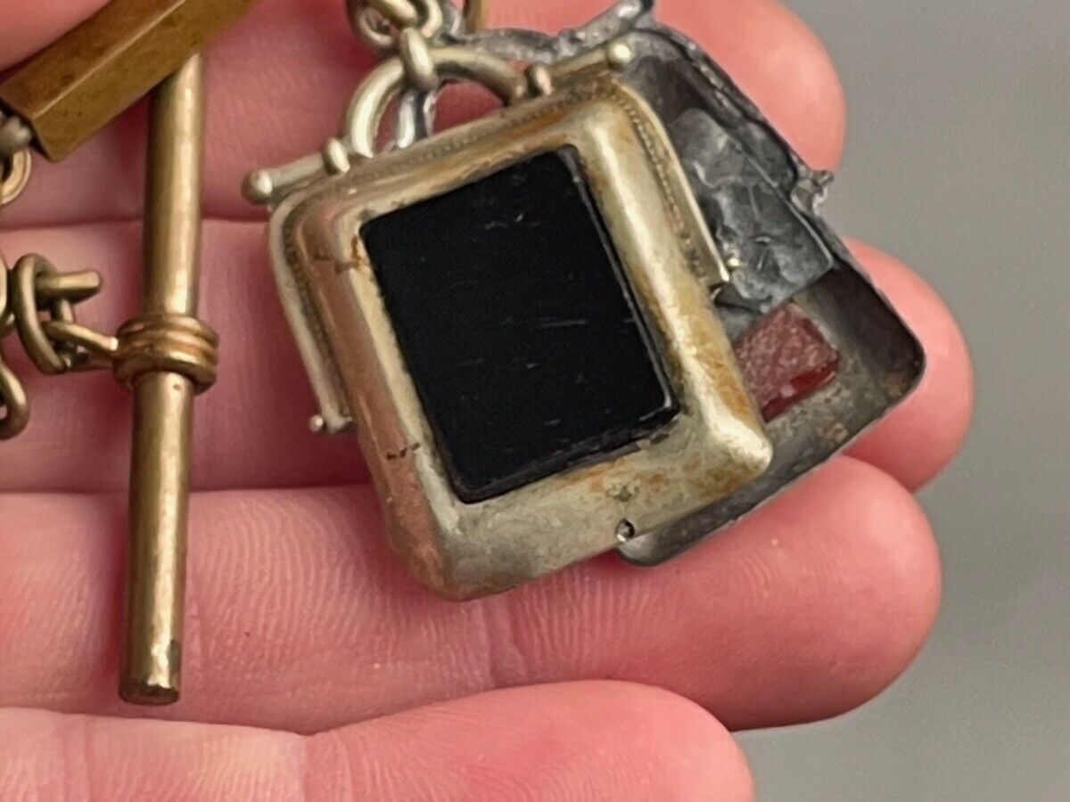 Victorian brass chunky pocket watch chain w tiny metal/glass photo-ready fob