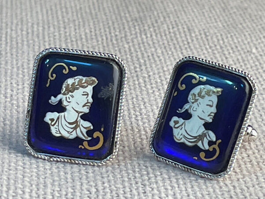 Vtg Italy souvenir silver cuff links handpainted enamel blue glass Julius Caesar