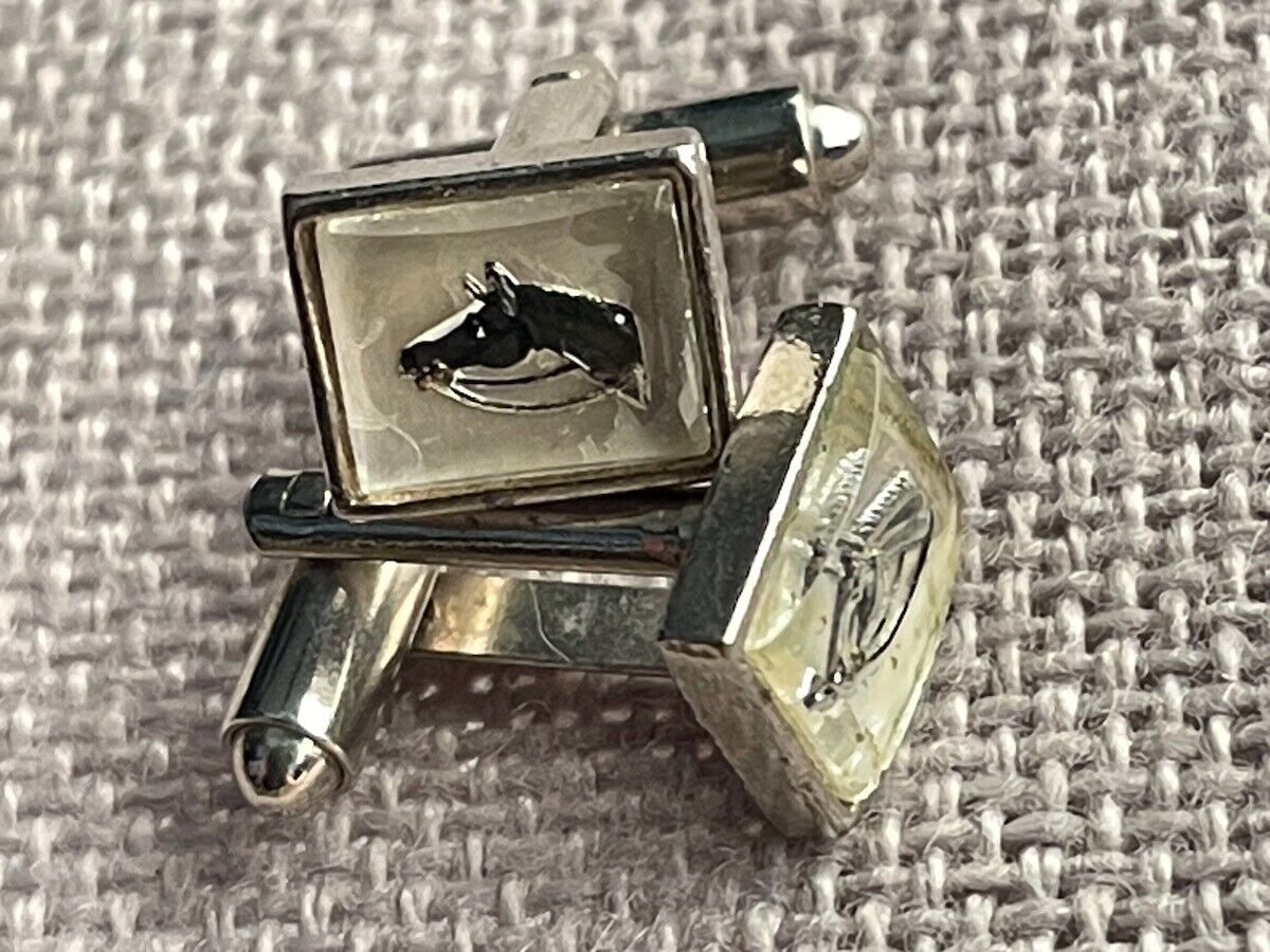Vintage Equestrian Cuff Links Horse Head Encased In Shadow Box Style