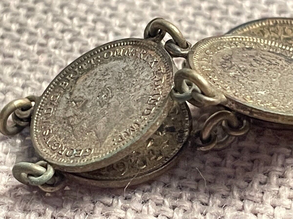 WWII era vtg souvenir bracelet 90% Silver Threepence coins Handmade
