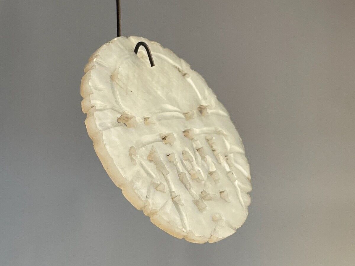 Vintage hand carved nephrite medallion - celadon jade pale green round