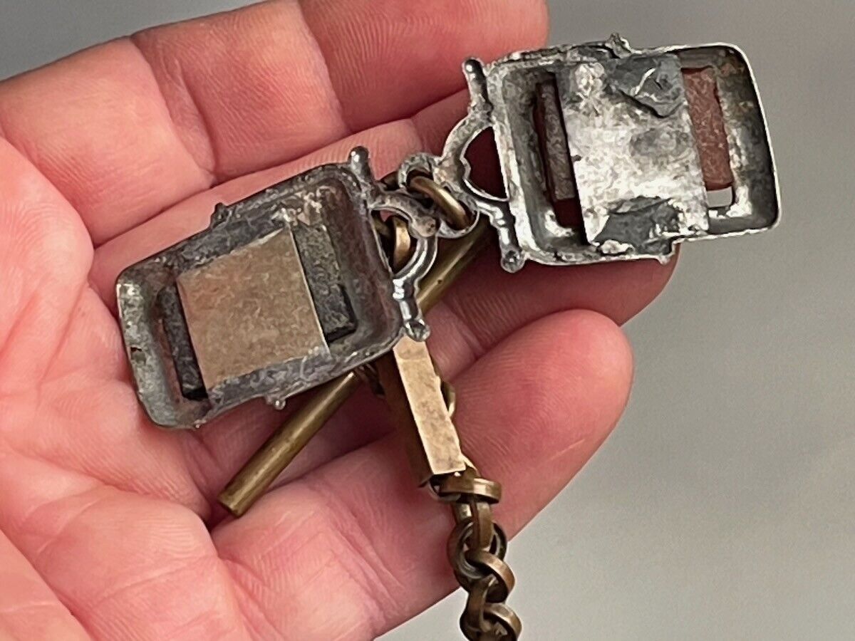 Victorian brass chunky pocket watch chain w tiny metal/glass photo-ready fob