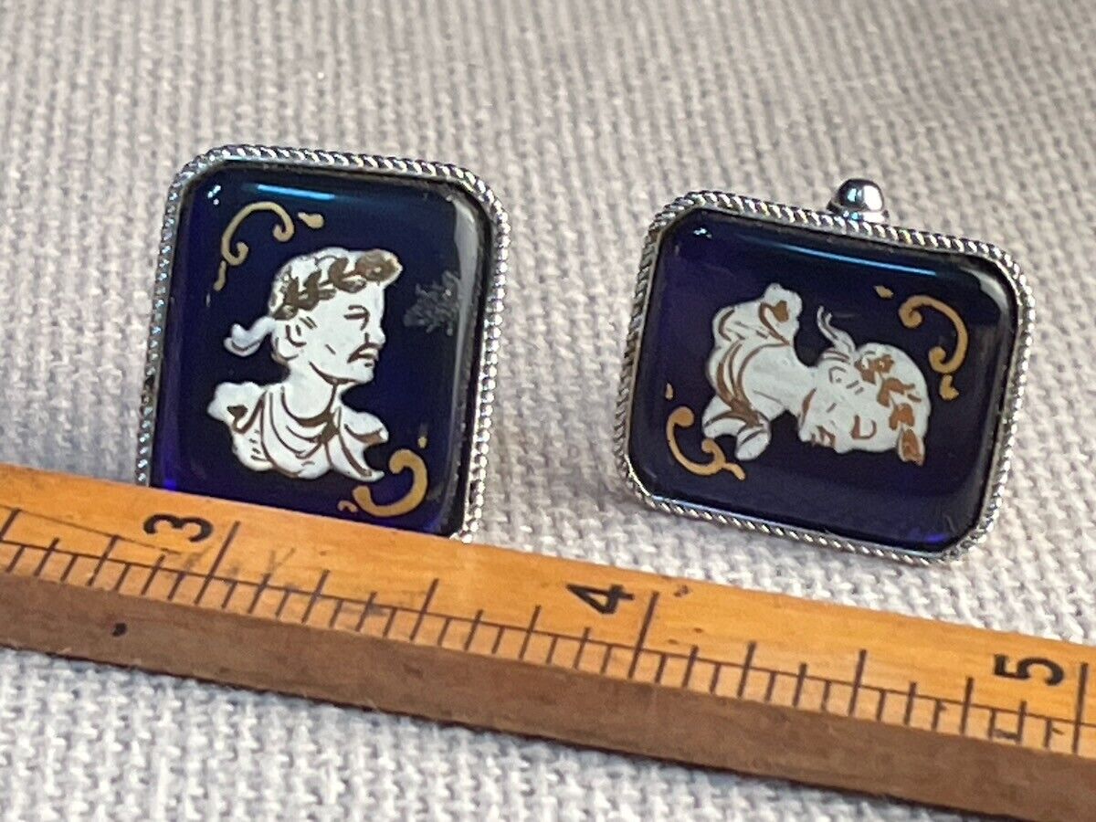 Vtg Italy souvenir silver cuff links handpainted enamel blue glass Julius Caesar