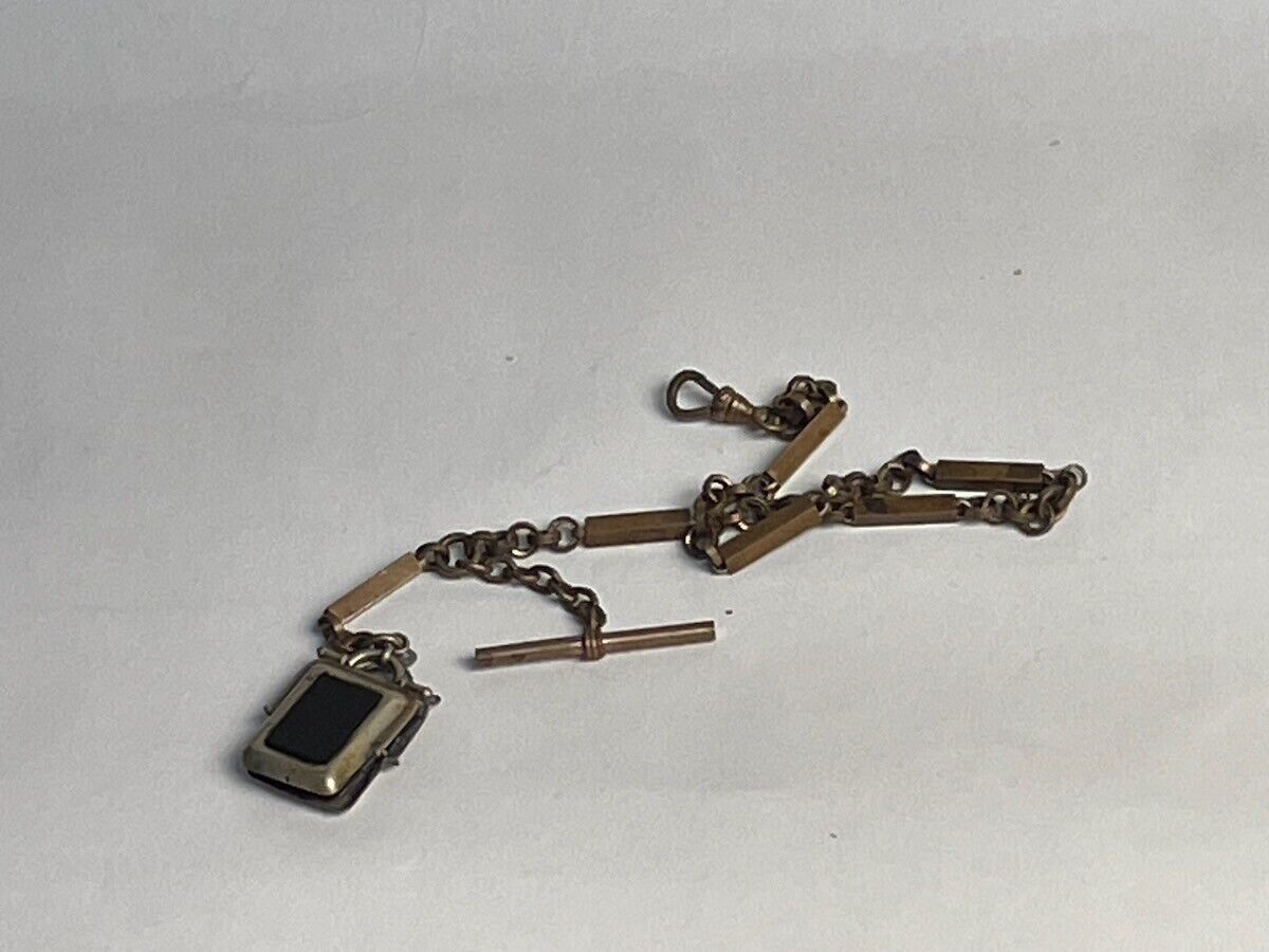 Victorian brass chunky pocket watch chain w tiny metal/glass photo-ready fob