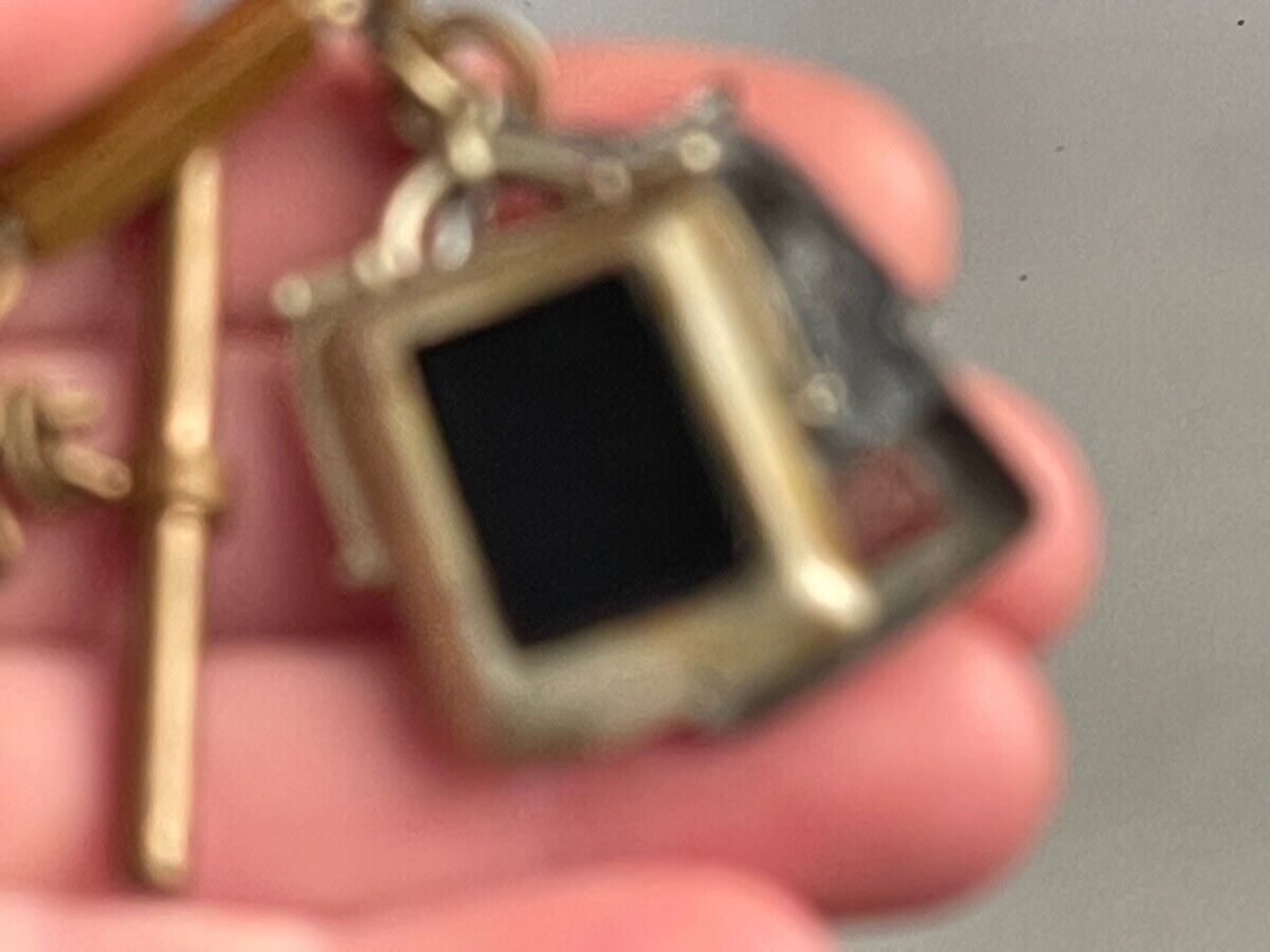 Victorian brass chunky pocket watch chain w tiny metal/glass photo-ready fob