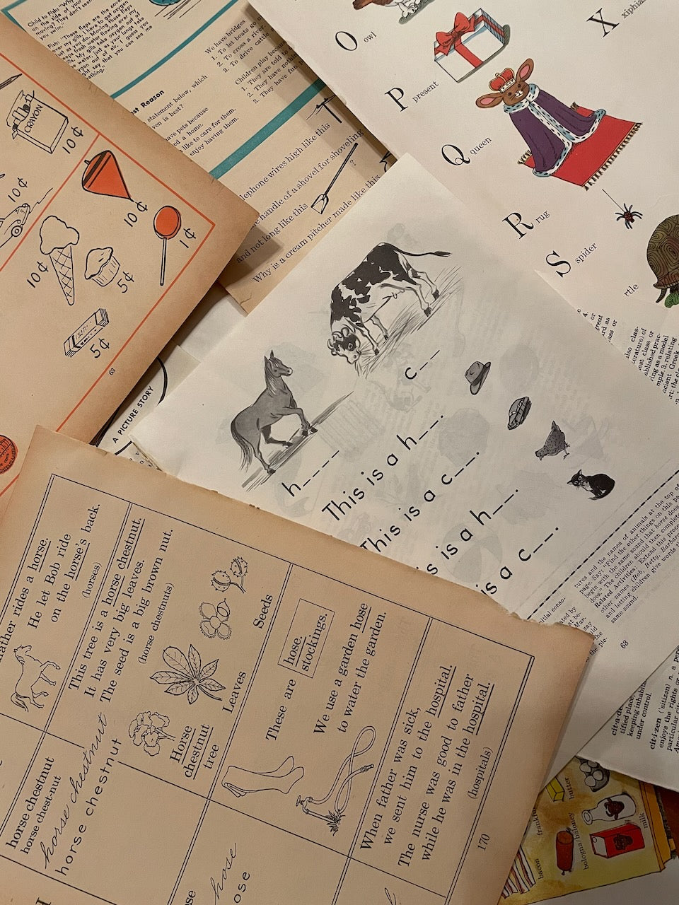 Papers for repurposing: 1/8 lb mix of true vintage children's book pages: reading, vocab, & alphabet