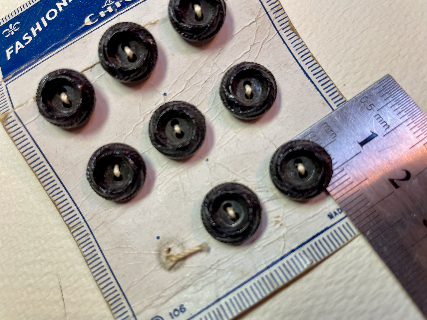8 black 1950s vtg plastic buttons | 2 hole flat | size 10/0.26" | new old stock | made in USA