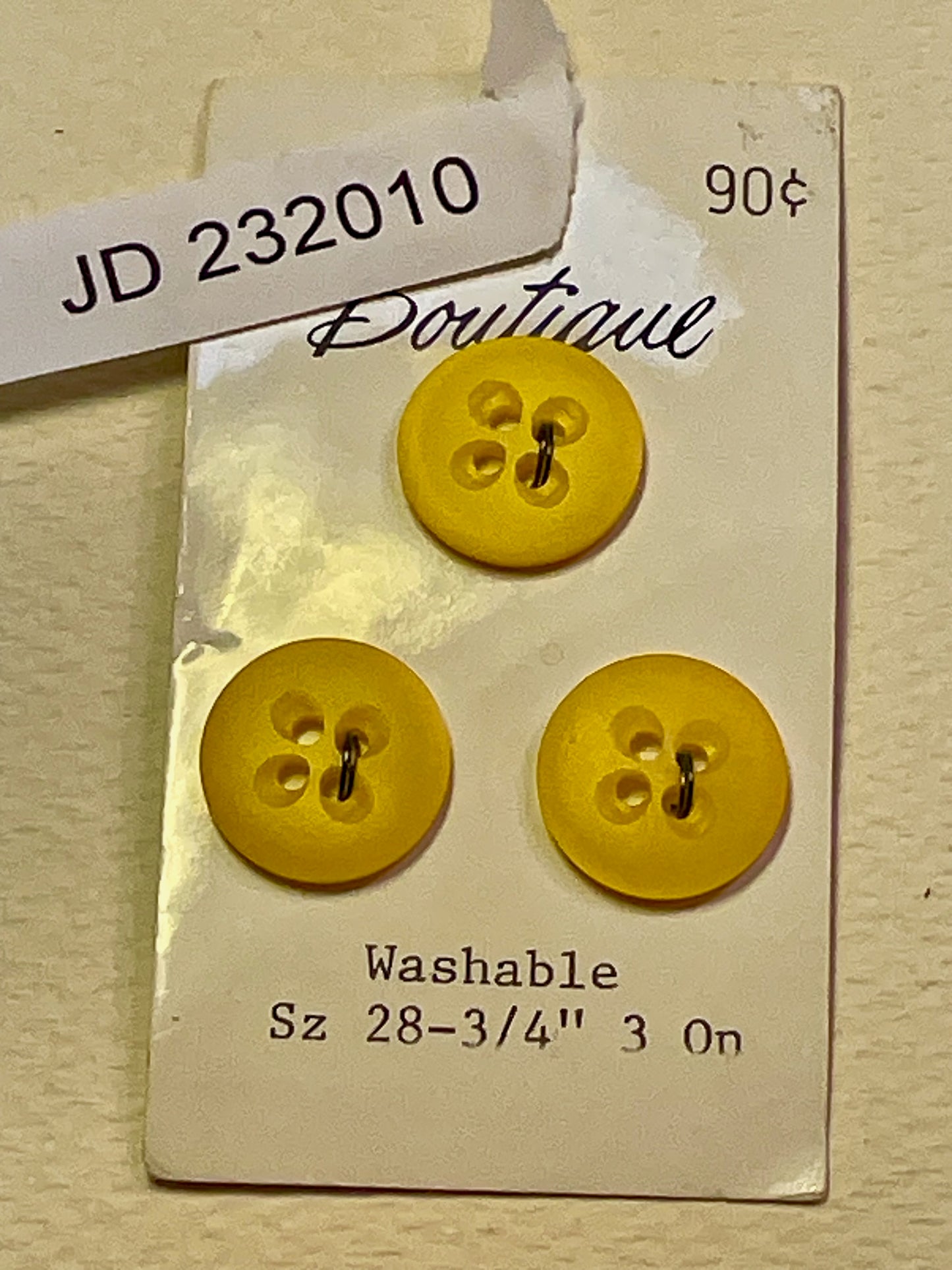 3 yellow 1970s vtg plastic buttons | 4 hole flat | size 28/0.75" | new old stock