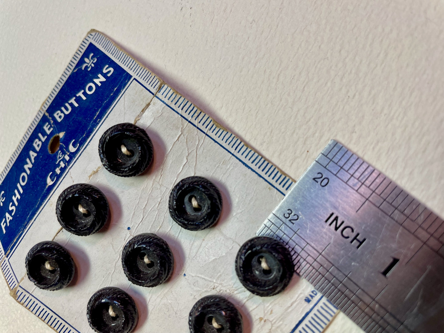 8 black 1950s vtg plastic buttons | 2 hole flat | size 10/0.26" | new old stock | made in USA