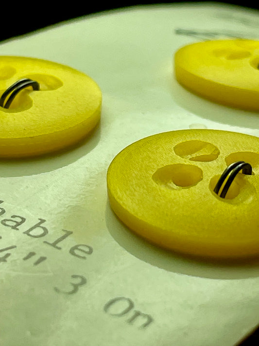 3 yellow 1970s vtg plastic buttons | 4 hole flat | size 28/0.75" | new old stock