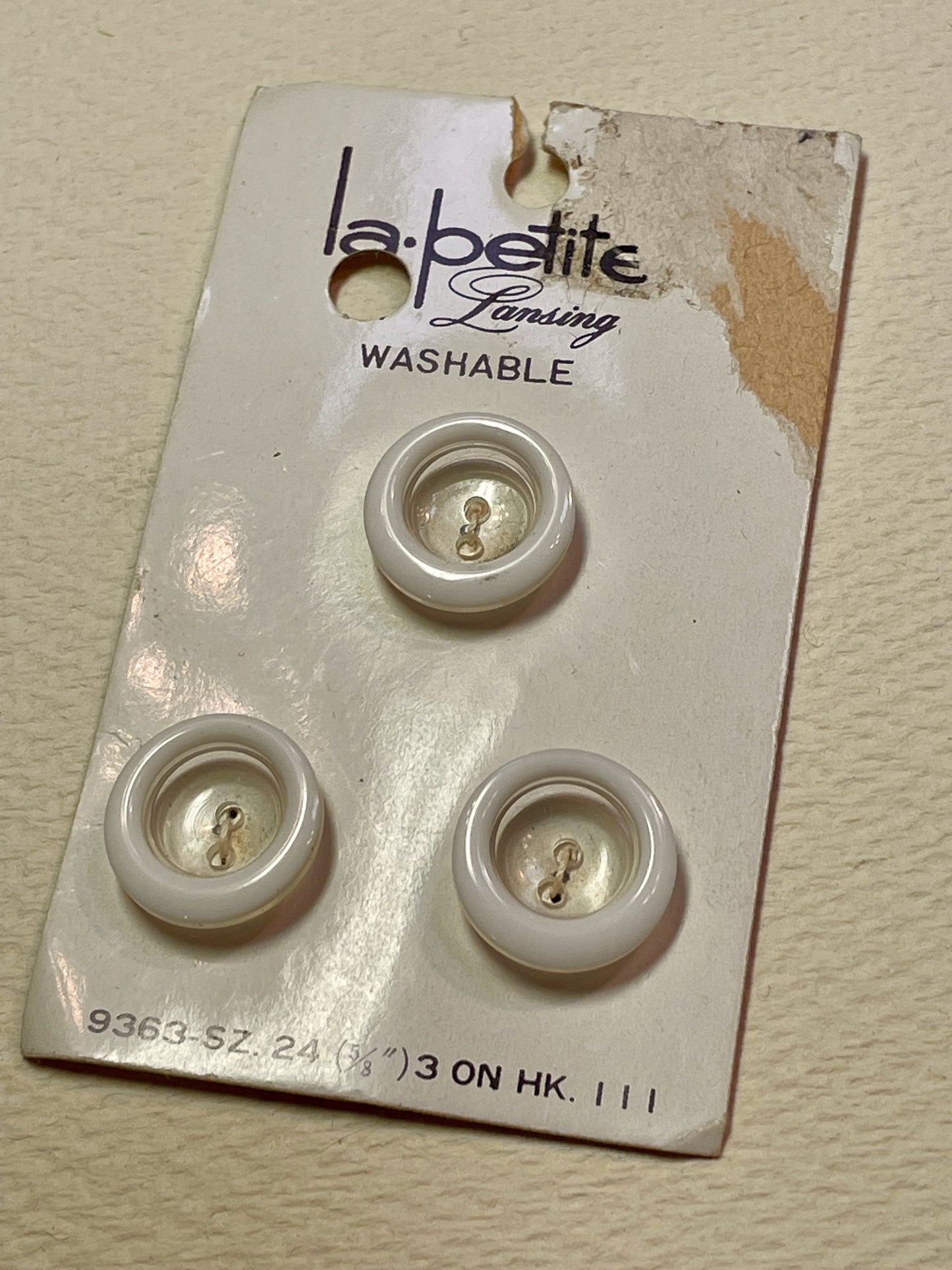 3 white vtg plastic buttons | 2 hole flat | size 24/0.63" | new old stock | made in Japan