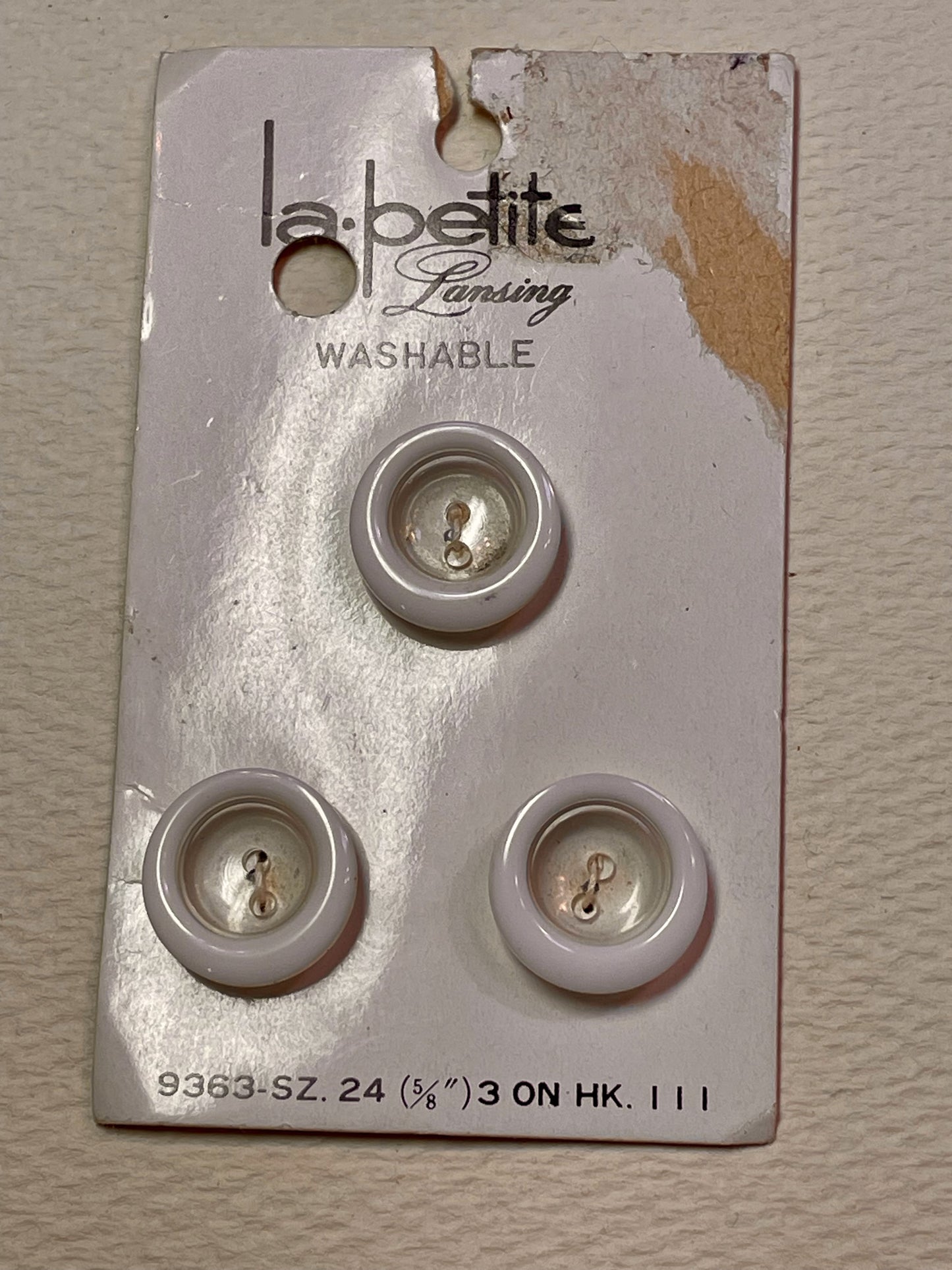 3 white vtg plastic buttons | 2 hole flat | size 24/0.63" | new old stock | made in Japan