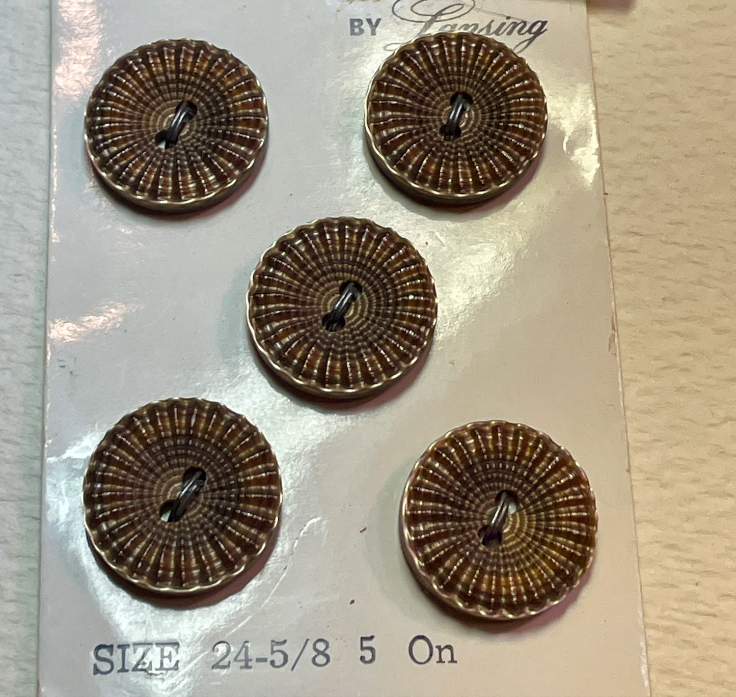 5 brown vtg plastic buttons | 2 hole flat | size 24/0.63" | new old stock