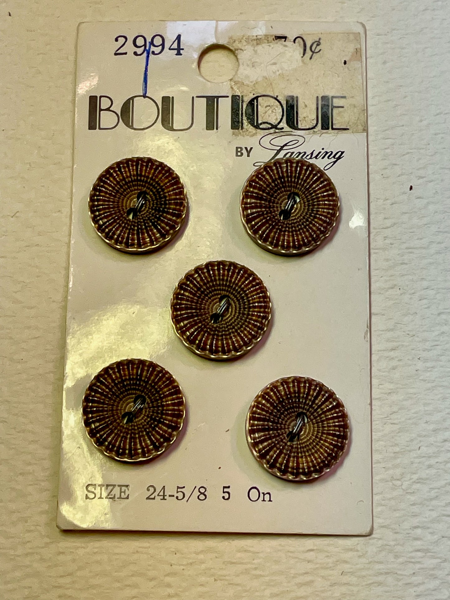 5 brown vtg plastic buttons | 2 hole flat | size 24/0.63" | new old stock