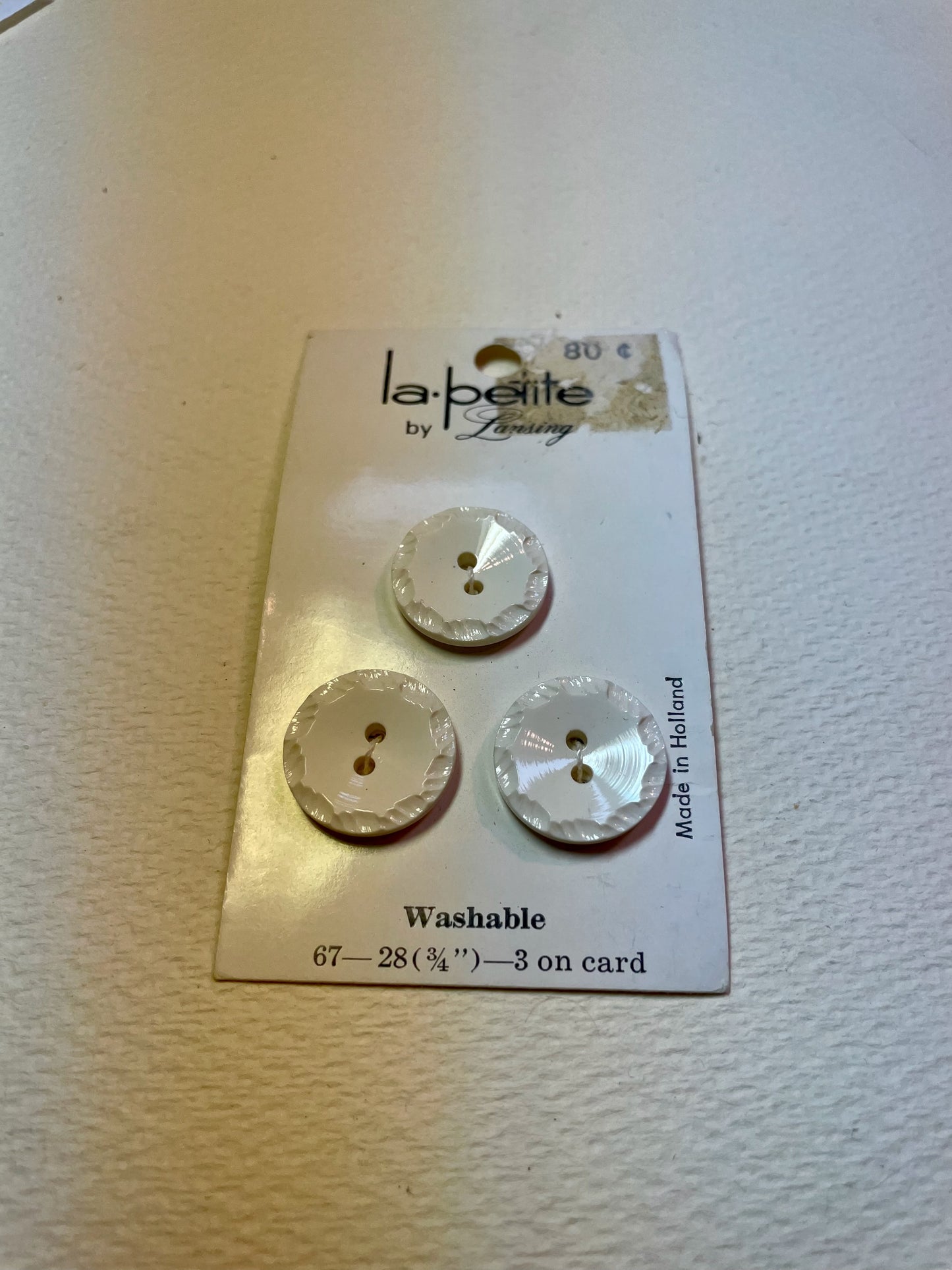3 white vtg plastic buttons | 2 hole flat | size 28/0.75" | new old stock | made in Holland