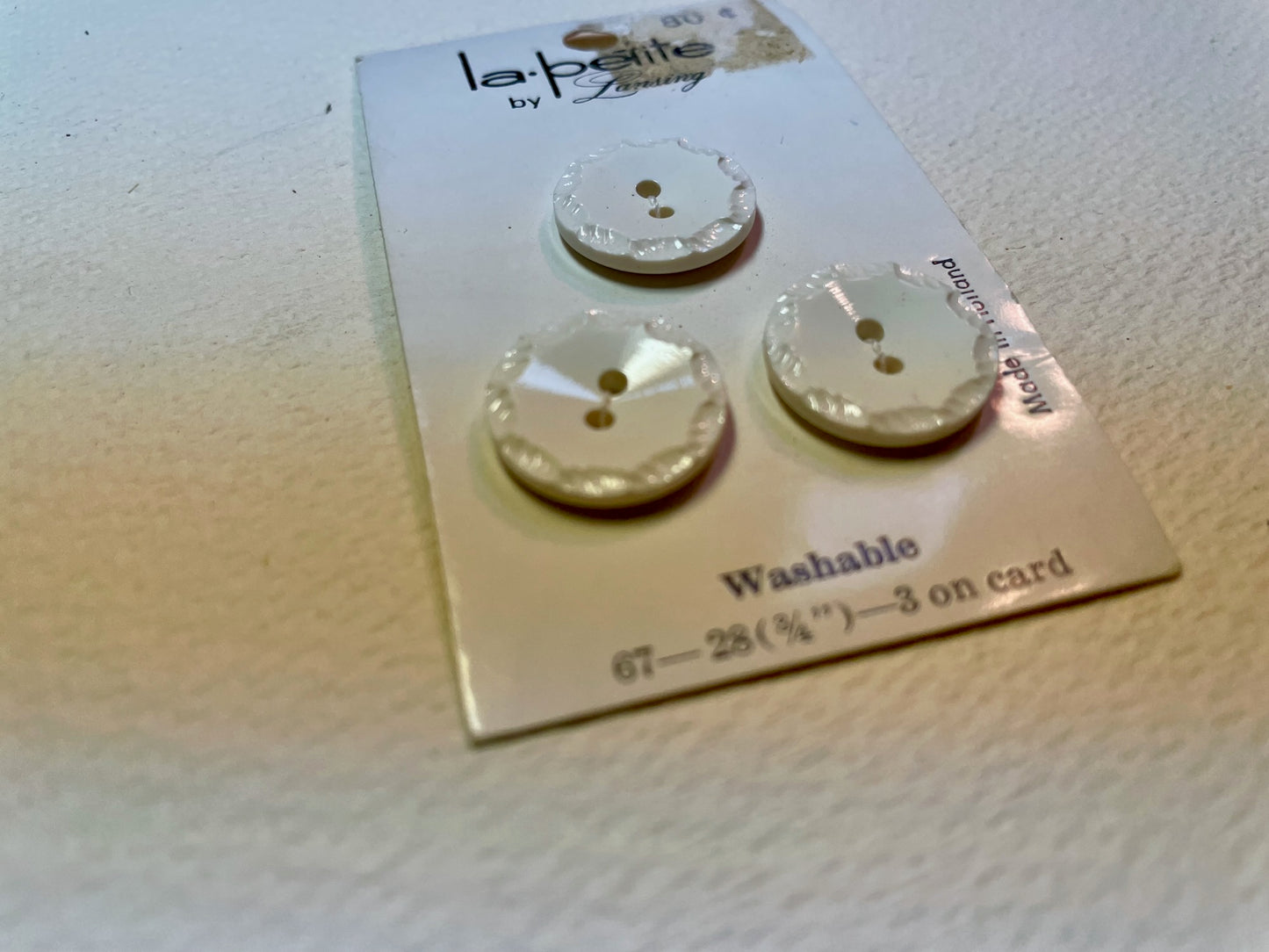 3 white vtg plastic buttons | 2 hole flat | size 28/0.75" | new old stock | made in Holland