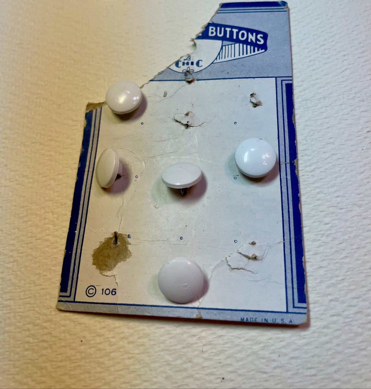 5 white 1950s vtg plastic buttons | shank style | size 9/0.24" | new old stock | made in USA