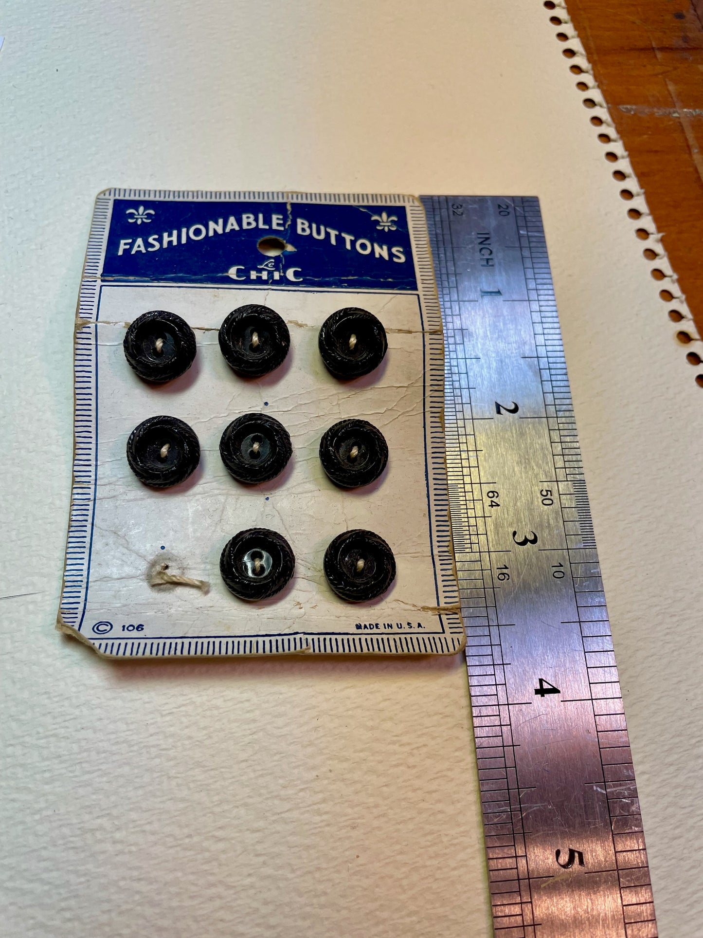 8 black 1950s vtg plastic buttons | 2 hole flat | size 10/0.26" | new old stock | made in USA