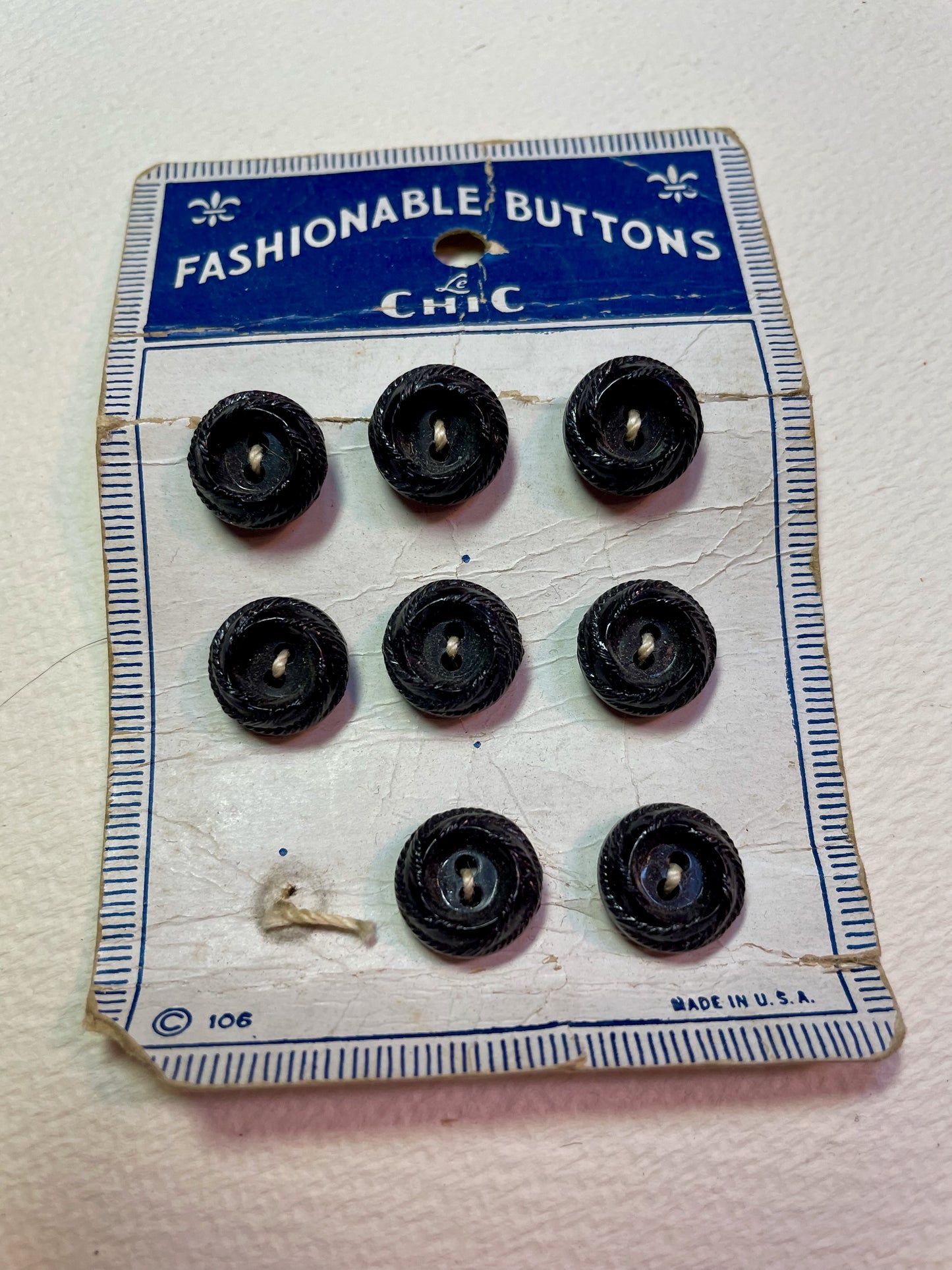8 black 1950s vtg plastic buttons | 2 hole flat | size 10/0.26" | new old stock | made in USA