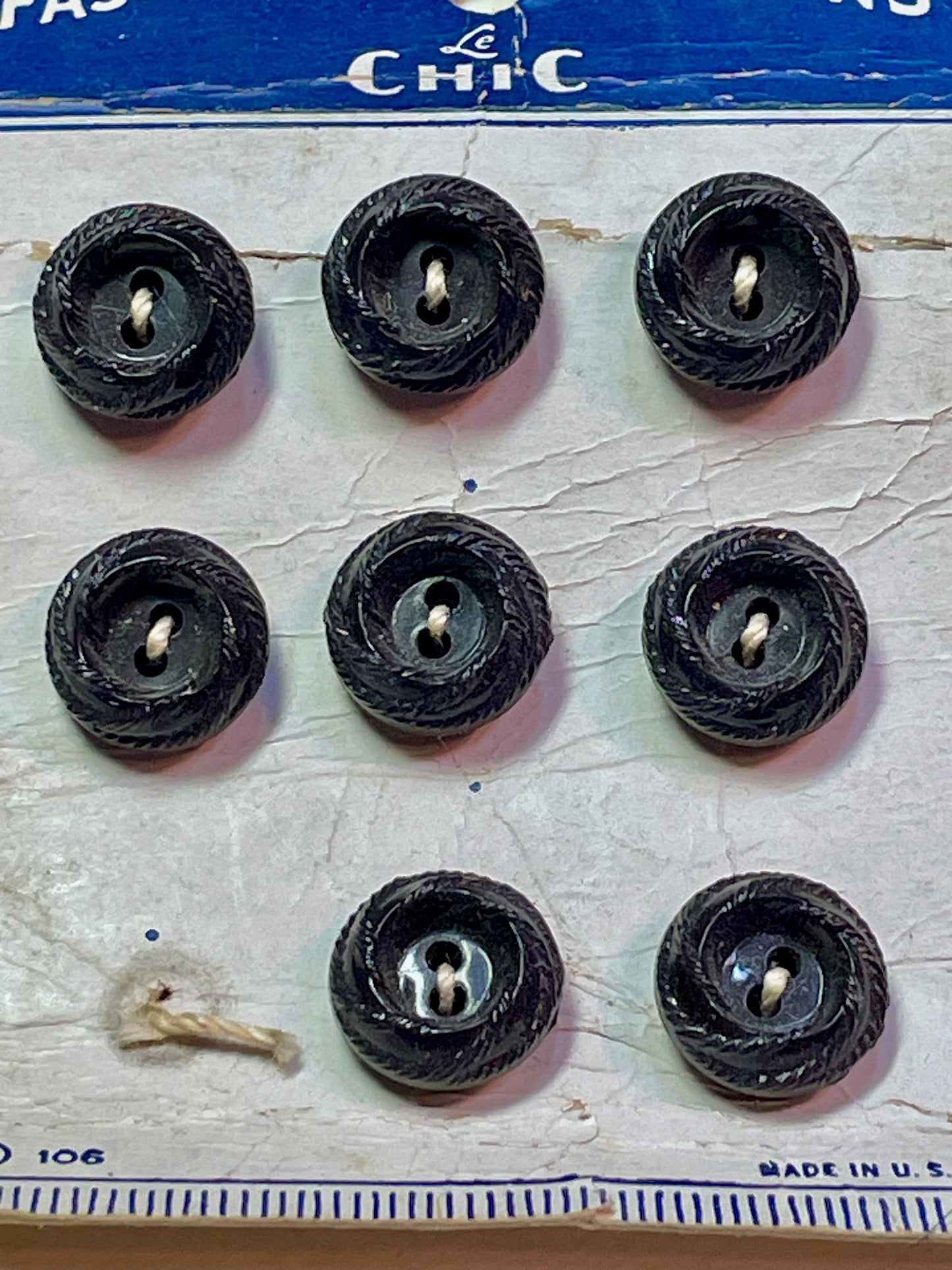 8 black 1950s vtg plastic buttons | 2 hole flat | size 10/0.26" | new old stock | made in USA