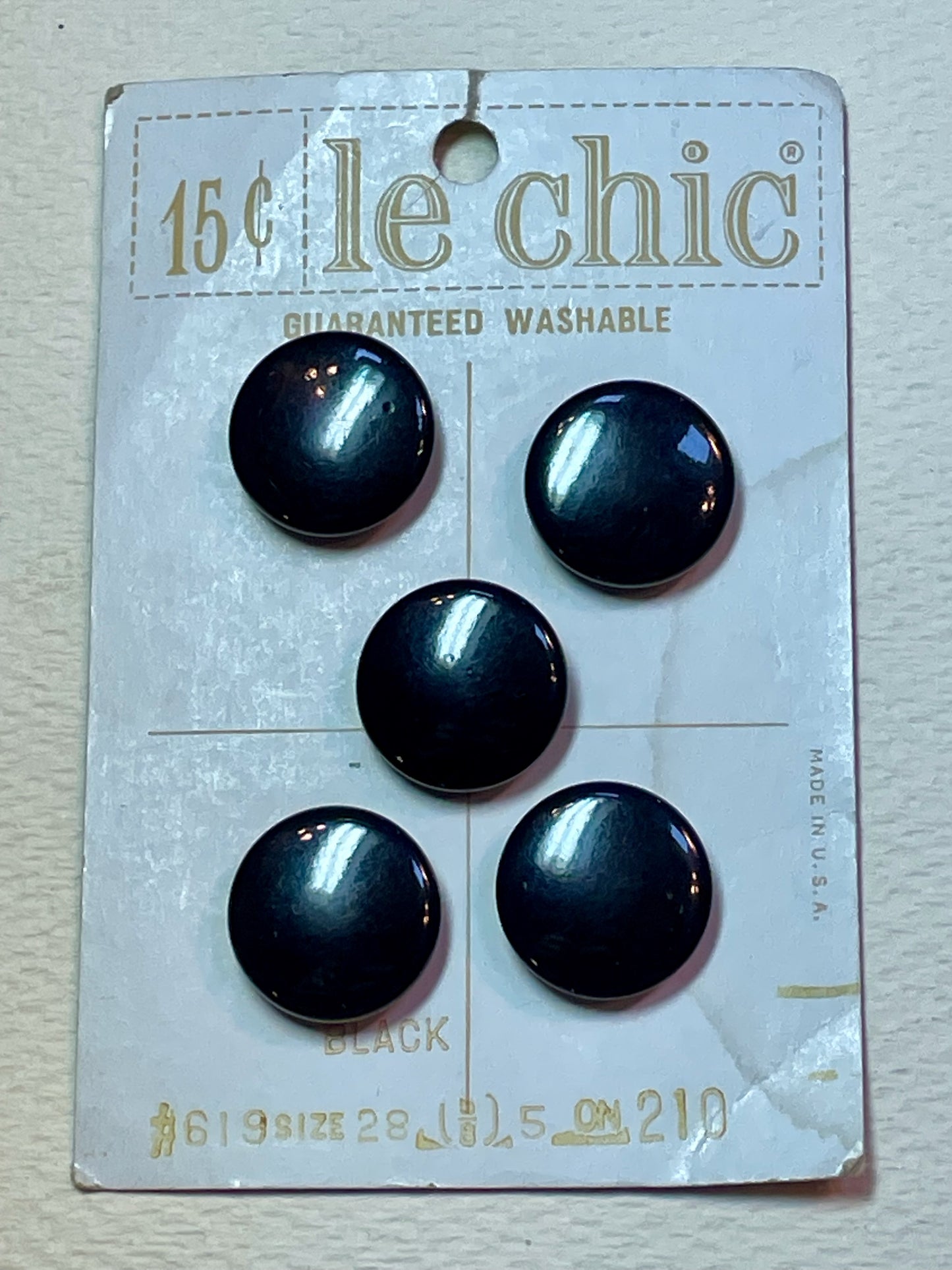 5 black 1950s vtg plastic buttons | shank style. | size 27/0.66" | new old stock | made in USA