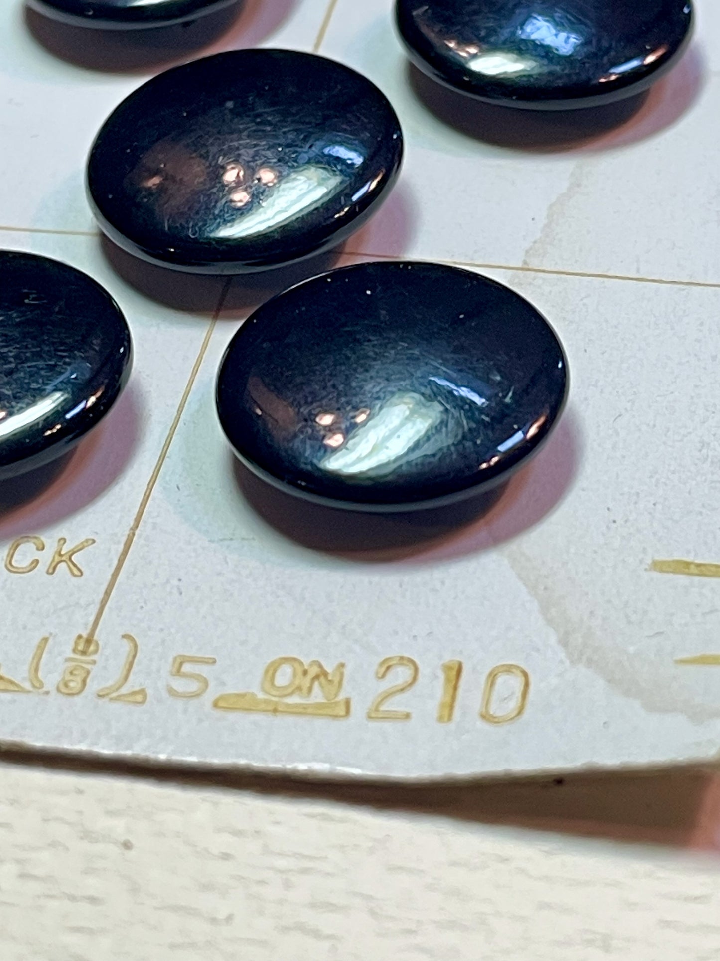 5 black 1950s vtg plastic buttons | shank style. | size 27/0.66" | new old stock | made in USA