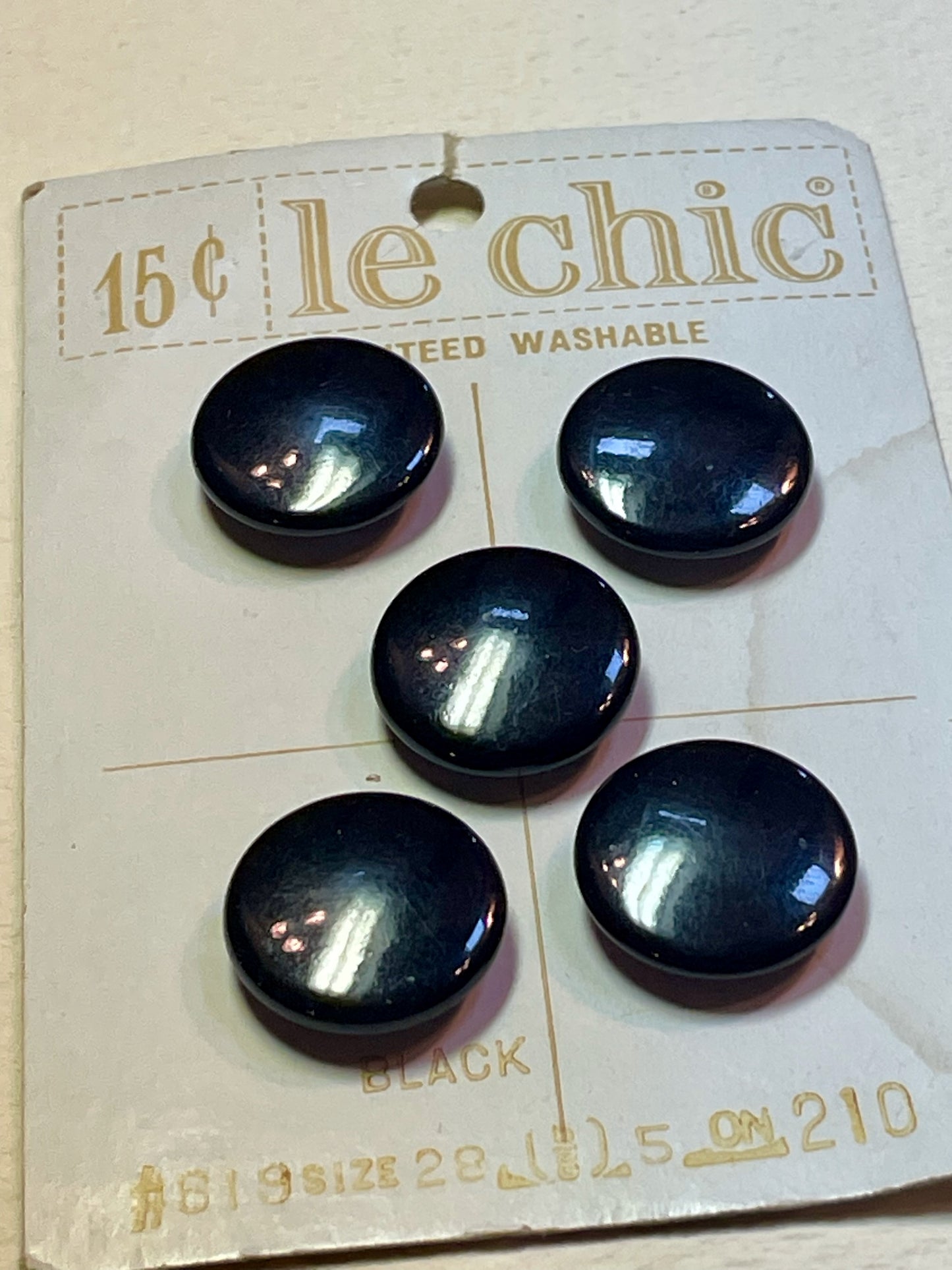 5 black 1950s vtg plastic buttons | shank style. | size 27/0.66" | new old stock | made in USA