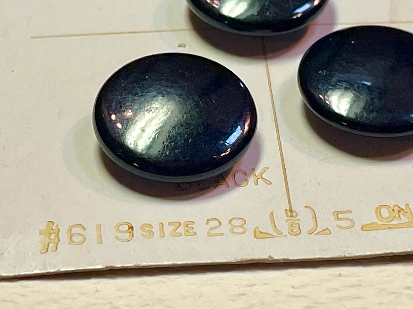 5 black 1950s vtg plastic buttons | shank style. | size 27/0.66" | new old stock | made in USA