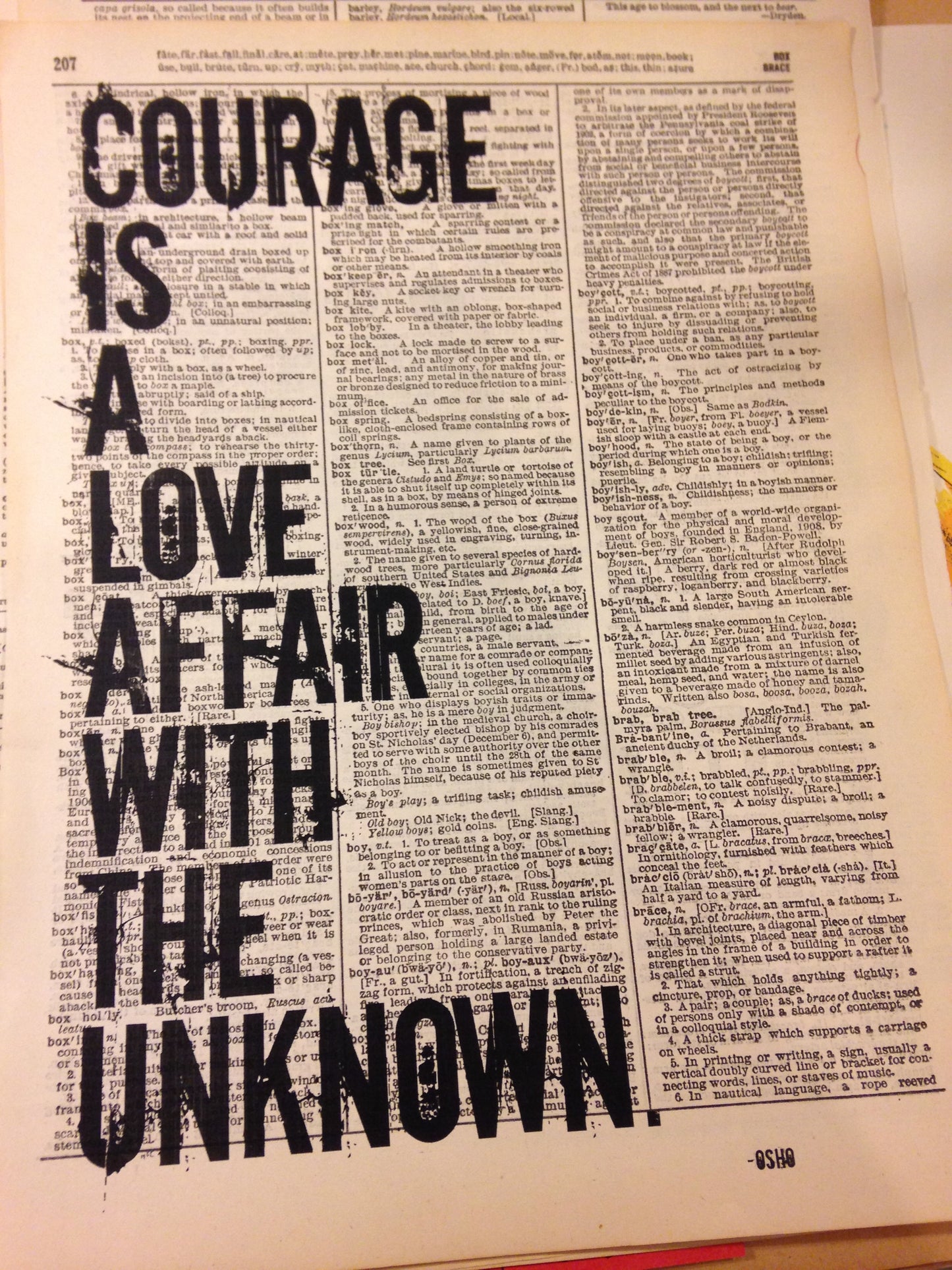 Print: Courage is a Love Affair with the Unknown - Osho quote - repurposed antique dictionary page print / travel adventure gift