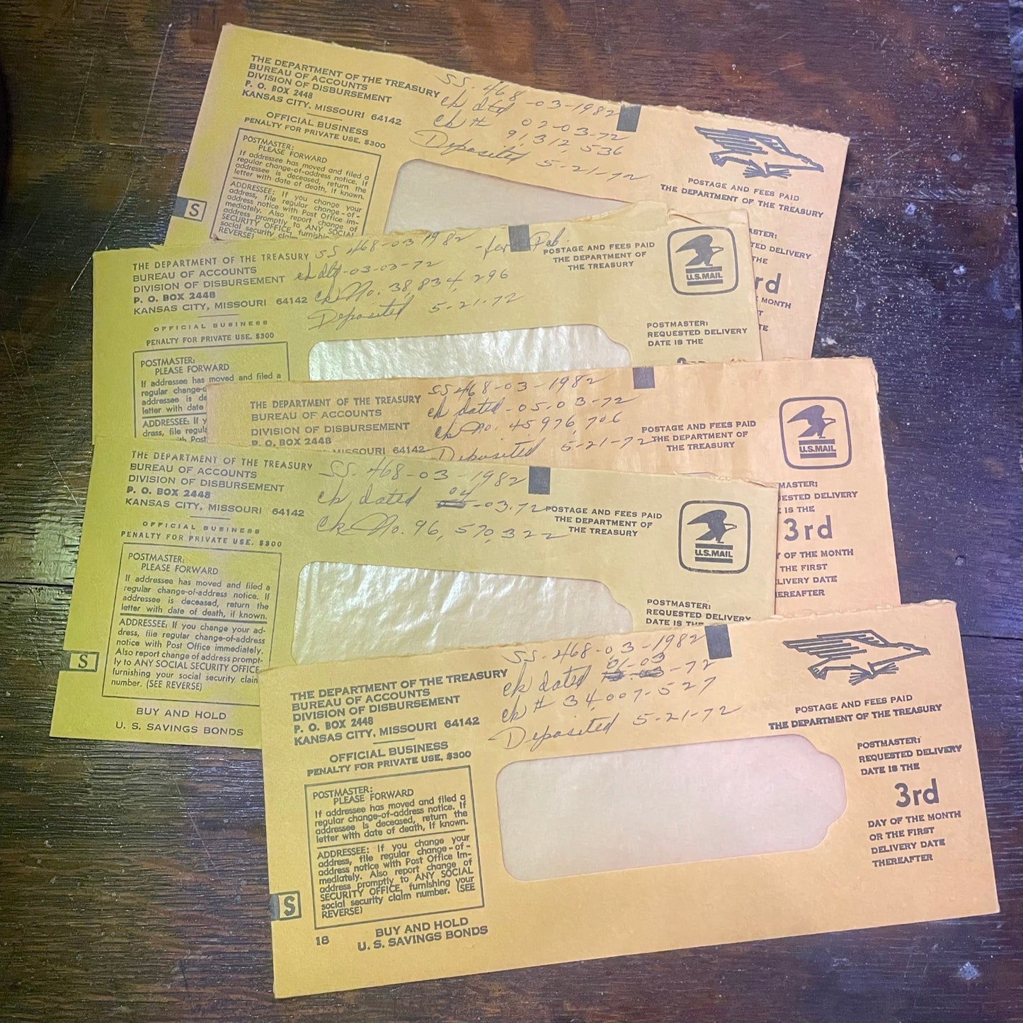 Papers for repurposing: five 1950s Social Security envelopes