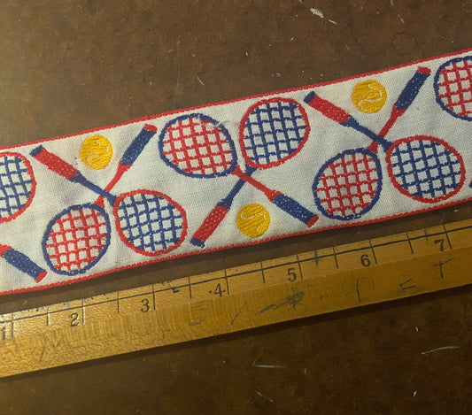 Vintage tennis racquets ribbon by the yard / 70s-80s retro trim / yellow red blue white bright primary NOS
