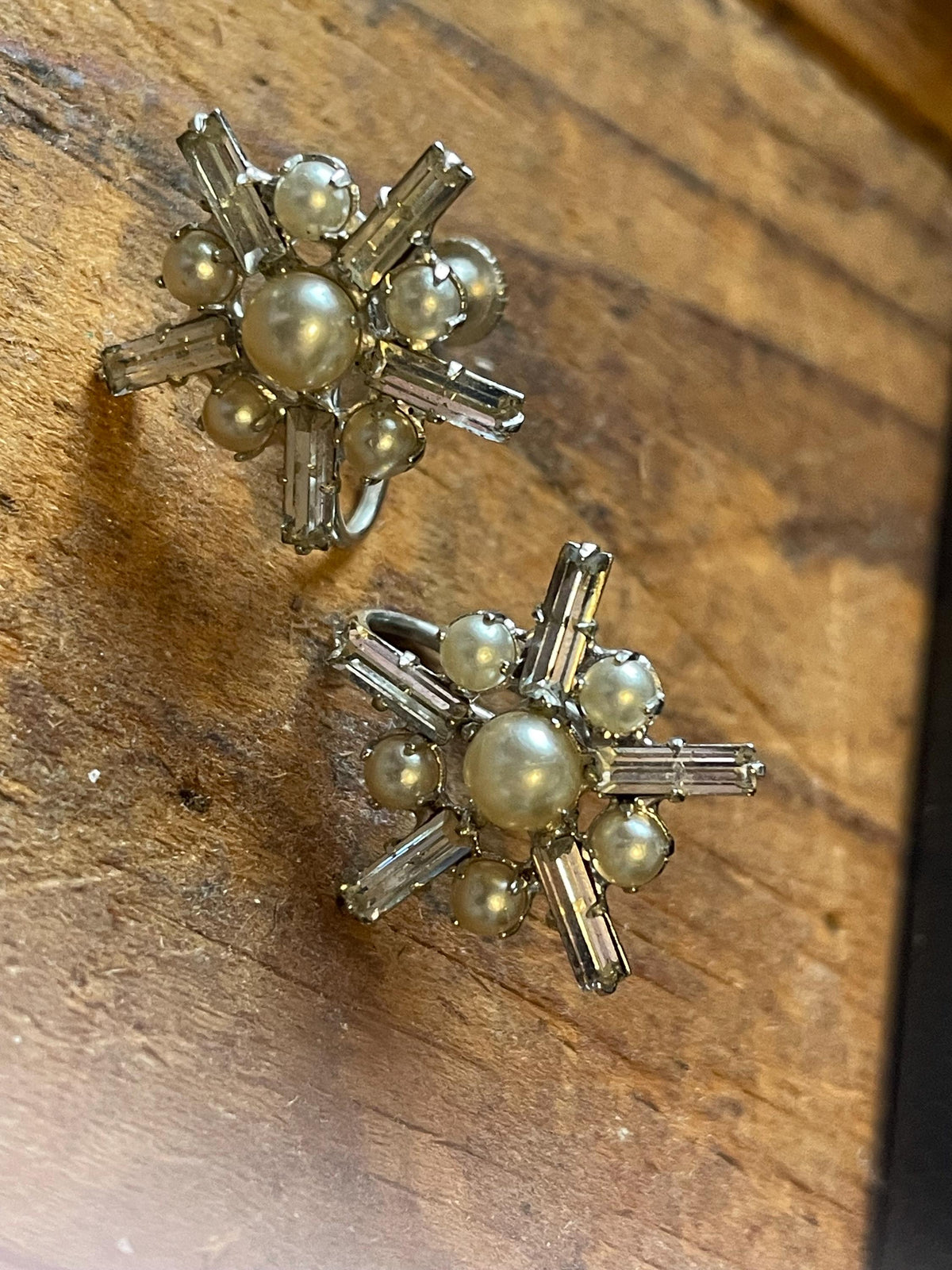 Vintage B. David Faux Pearl & Baguette Rhinestone Starburst Screw-Back Earrings