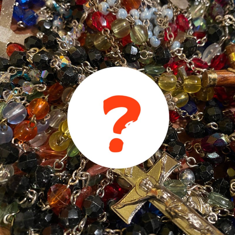 Kitschy rosary / vintage Catholica / glass wood stone chain plastic / Jesus Mary cross relic