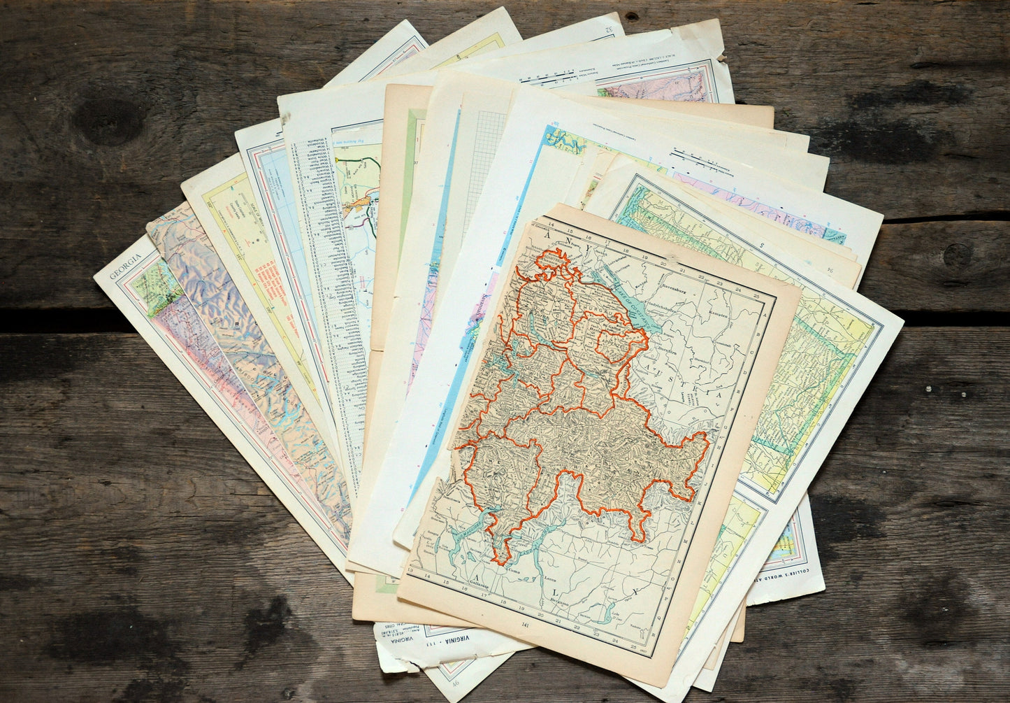 Papers for repurposing: 1/8 lb mix of vintage map & atlas pages
