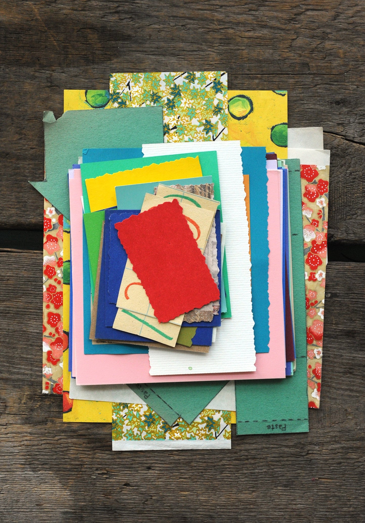 1/8 lb bundle of colorful paper scraps for junk journals, scrapbooking, crafts, collage / 25--30 pieces of patterned, colorful paper pieces