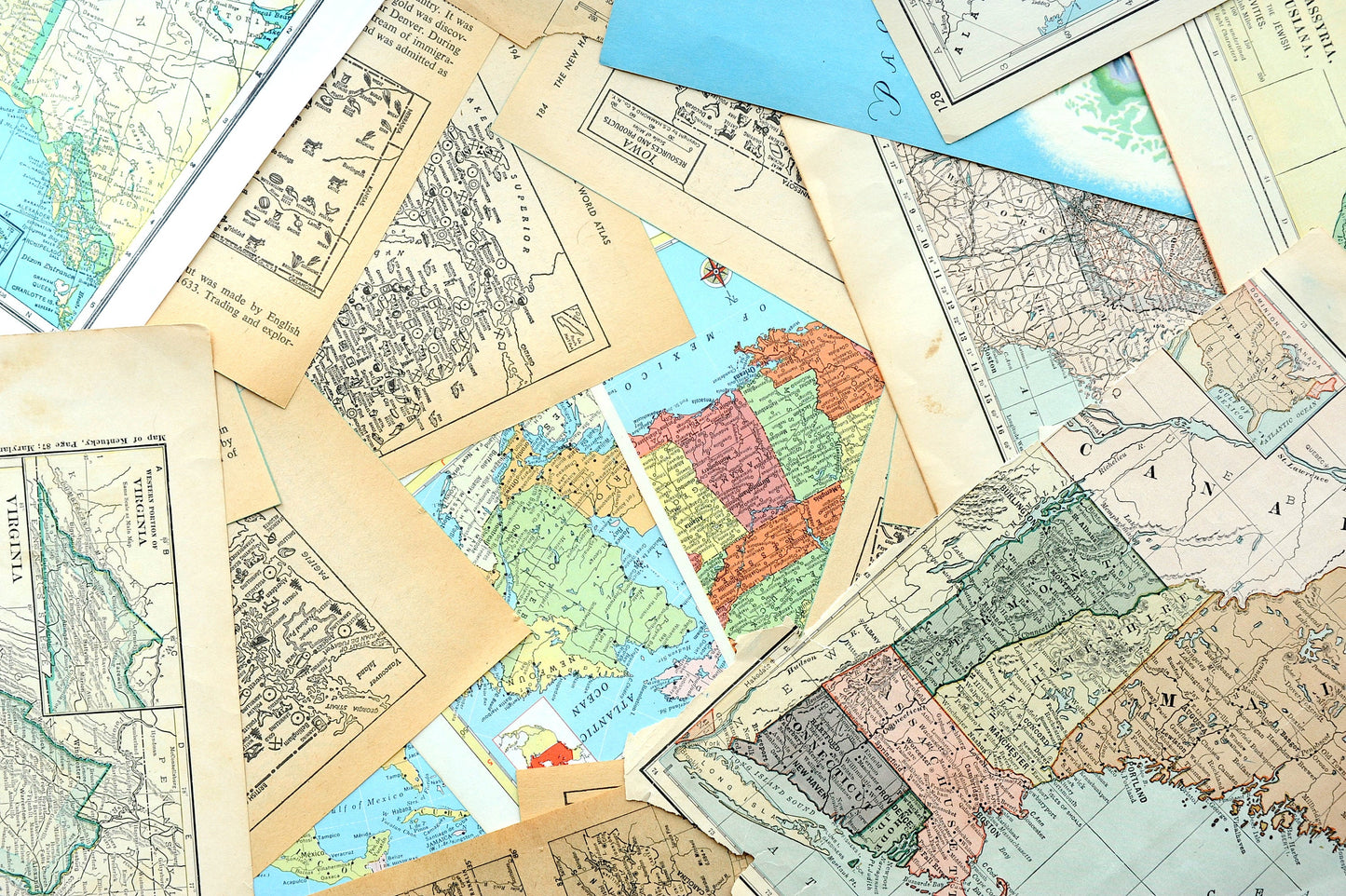 Papers for repurposing: 1/8 lb mix of vintage map & atlas pages