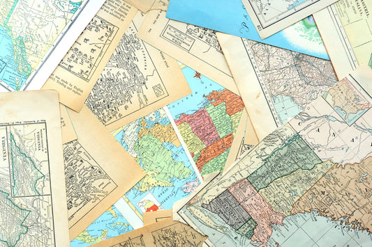 Papers for repurposing: 1/8 lb mix of vintage map & atlas pages