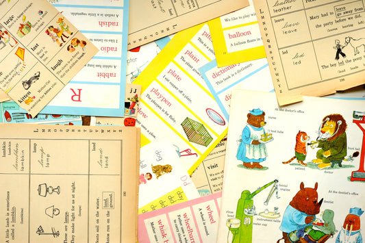 Papers for repurposing: 1/8 lb mix of true vintage children's book pages: reading, vocab, & alphabet