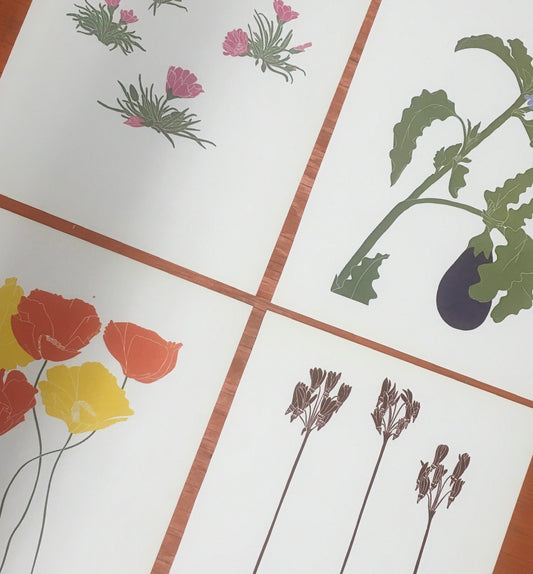Four vintage bookplates featuring linocut botanical prints