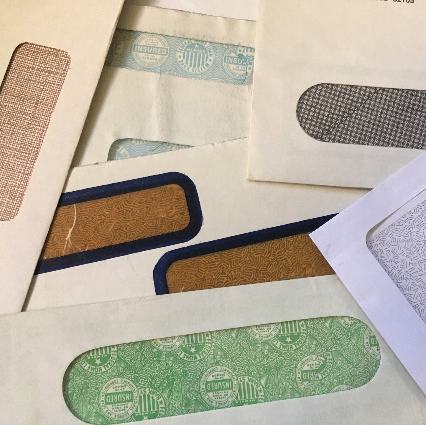 Ten (10) gram assortment of vintage to modern security envelopes & parts for re-purposing, DIY, book arts, ephemera pieces