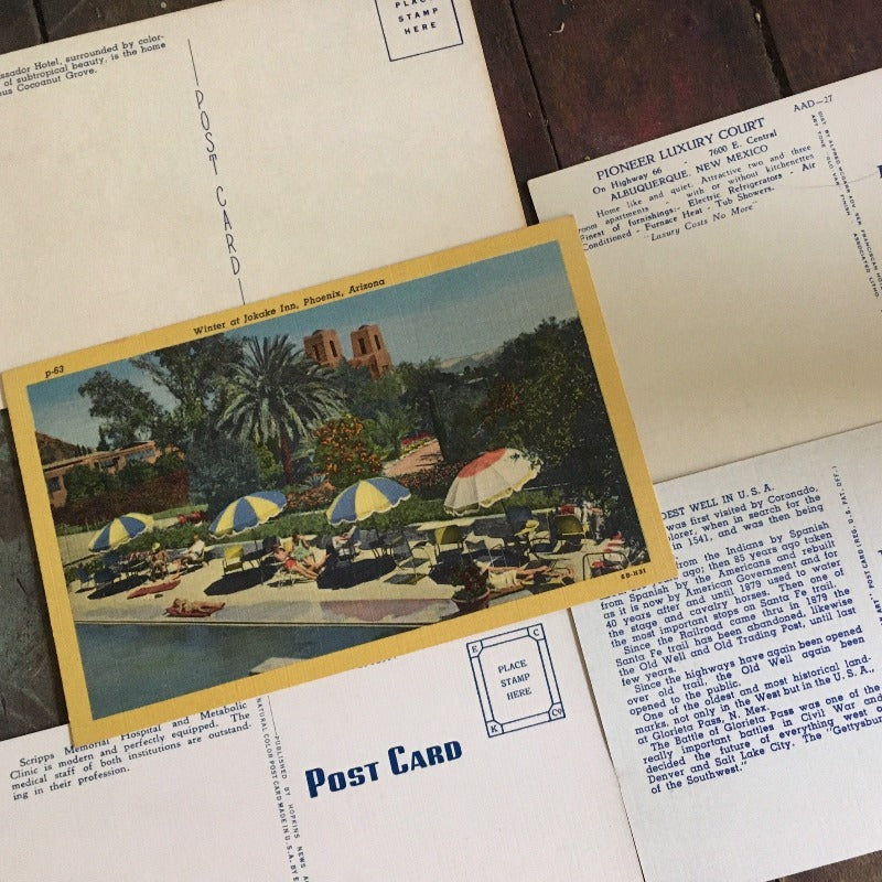 Five vintage linen postcards: unused mix