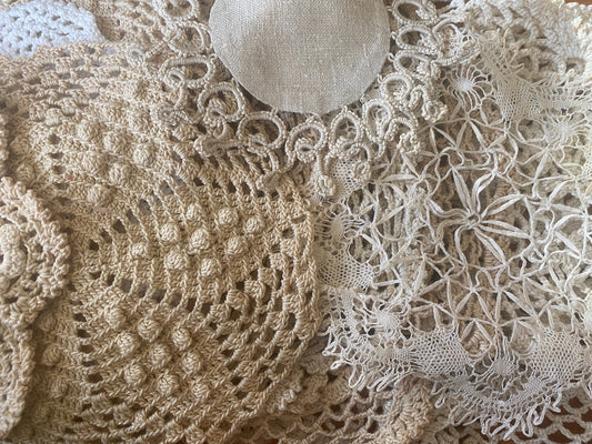 Bundle of six vintage and antique cotton doilies, 4-12" diameter, cottage core, creams & whites, for creative uses and visible mending