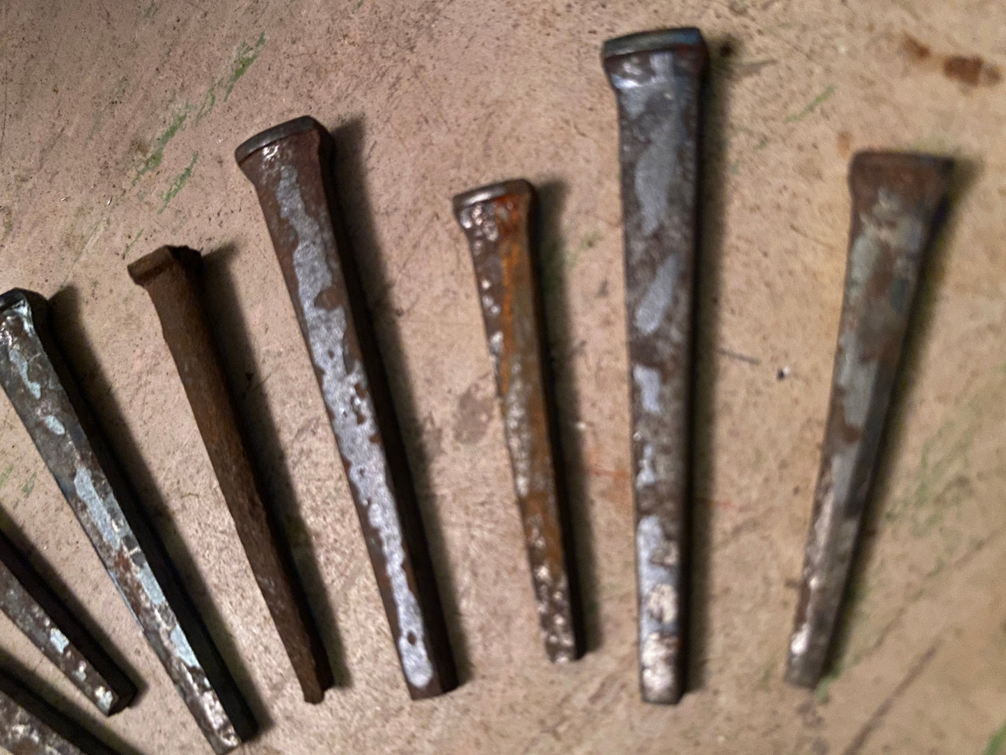 One dozen vintage square metal masonry nails / 12 rescued square headed nails for DIY projects / old primitive steel iron black