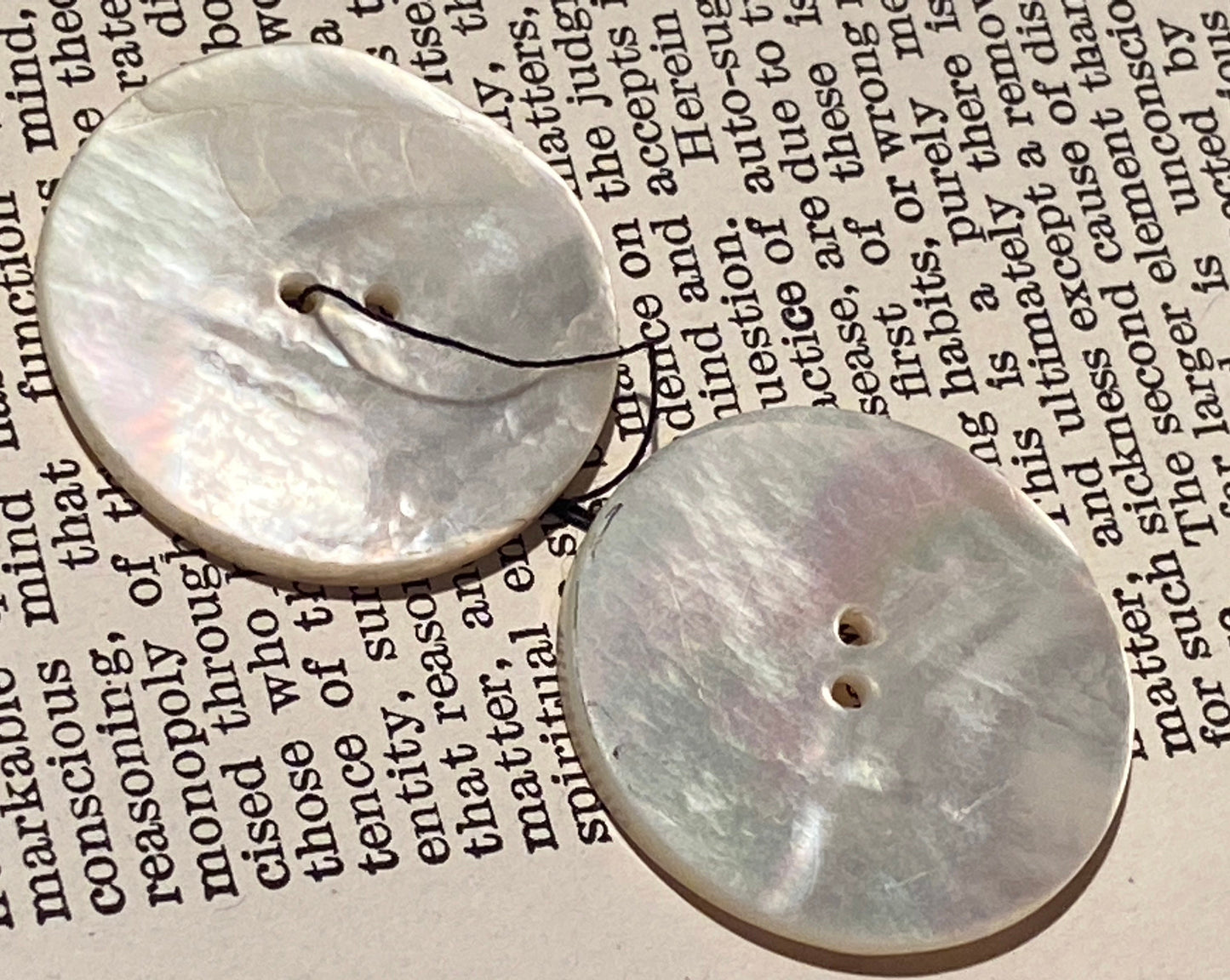 Two abalone shell buttons: 1 1/8", hand carved, raised relief cat eye, secondhand sourced, carefully matched pair